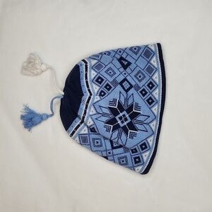Double Lined Fleece Blue Beanie with Blue and White Tassels